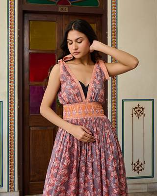Boho chic cotton orange midi dress smocked waist & tie strap sleeves 4