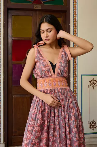 Boho chic cotton orange midi dress smocked waist & tie strap sleeves