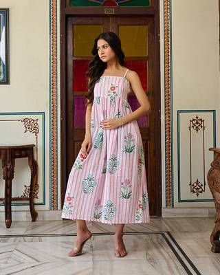 Handcrafted cotton midi dress striped floral print & spaghetti straps 1