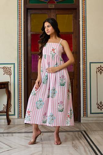 Handcrafted cotton midi dress striped floral print & spaghetti straps