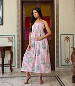 Handcrafted cotton midi dress striped floral print & spaghetti straps
