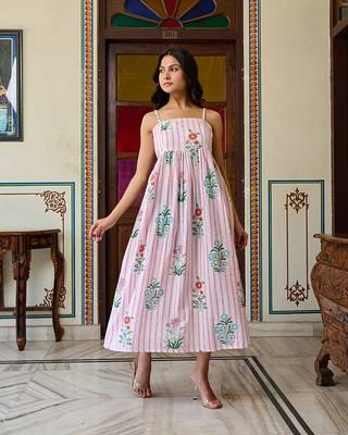 Handcrafted cotton midi dress striped floral print & spaghetti straps 3