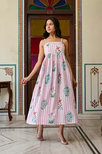 Handcrafted cotton midi dress striped floral print & spaghetti straps