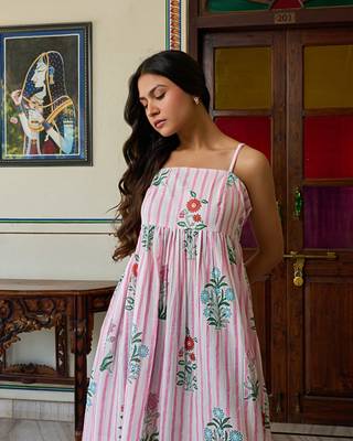 Handcrafted cotton midi dress striped floral print & spaghetti straps 4