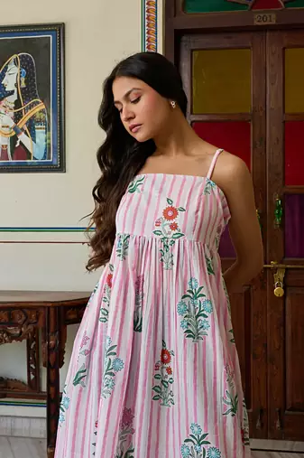 Handcrafted cotton midi dress striped floral print & spaghetti straps