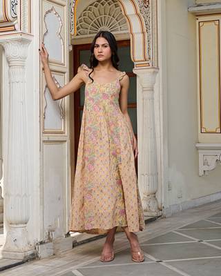 Yellow floral print with tie straps hand block printed cotton midi dress 1