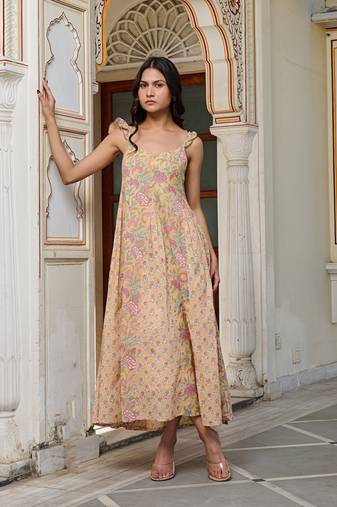 Yellow floral print with tie straps hand block printed cotton midi dress