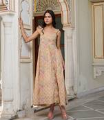 Yellow floral print with tie straps hand block printed cotton midi dress