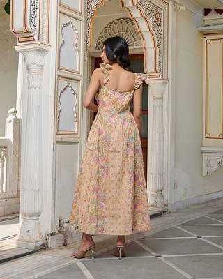 Yellow floral print with tie straps hand block printed cotton midi dress 2