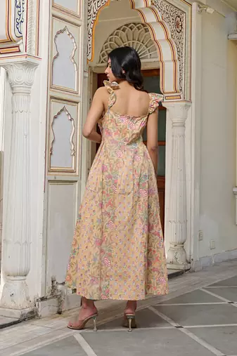 Yellow floral print with tie straps hand block printed cotton midi dress