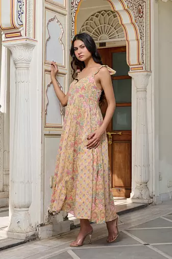Yellow floral print with tie straps hand block printed cotton midi dress