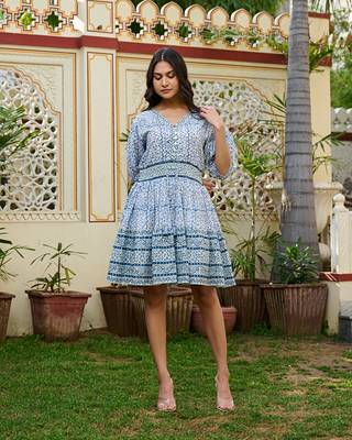 Hand block printed cotton mini dress blue floral with waist tie 1