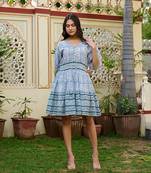 Hand block printed cotton mini dress blue floral with waist tie