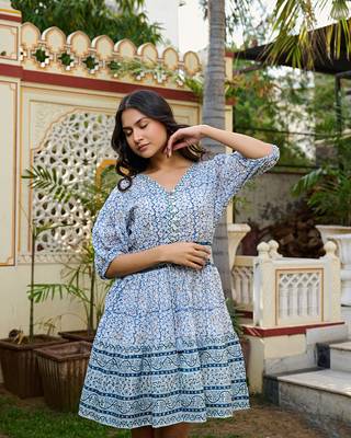 Hand block printed cotton mini dress blue floral with waist tie 3
