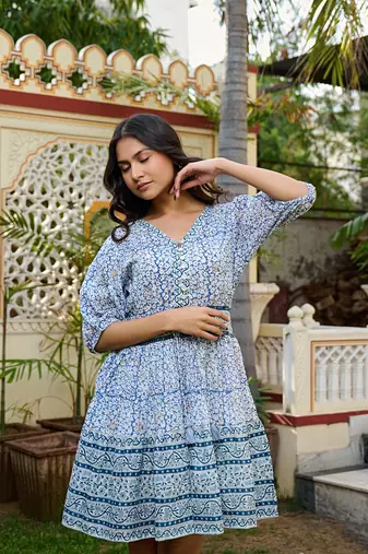 Hand block printed cotton mini dress blue floral with waist tie