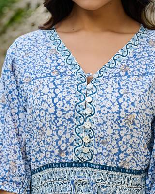 Hand block printed cotton mini dress blue floral with waist tie 4