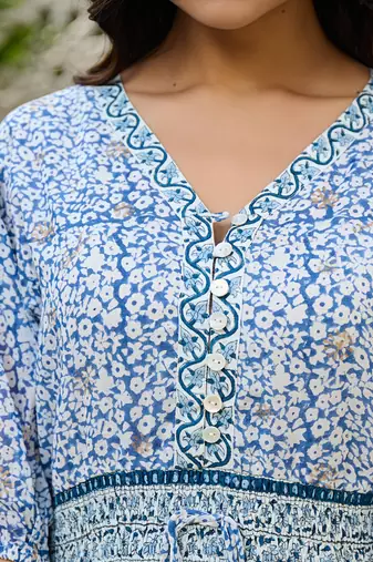 Hand block printed cotton mini dress blue floral with waist tie