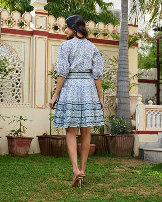 Hand block printed cotton mini dress blue floral with waist tie 5
