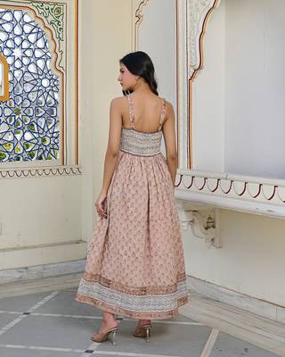 Elegant cotton hand block printed maxi dress with smocked waist & shoulder straps bohemian floral summer dress 2