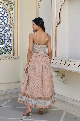 Elegant cotton hand block printed maxi dress with smocked waist & shoulder straps bohemian floral summer dress