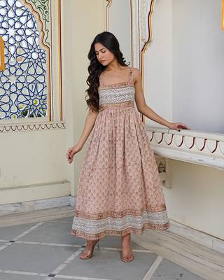 Elegant cotton hand block printed maxi dress with smocked waist & shoulder straps bohemian floral summer dress 1