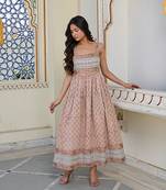 Elegant cotton hand block printed maxi dress with smocked waist & shoulder straps bohemian floral summer dress