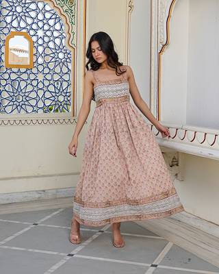 Elegant cotton hand block printed maxi dress with smocked waist & shoulder straps bohemian floral summer dress 3