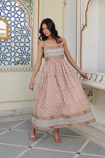 Elegant cotton hand block printed maxi dress with smocked waist & shoulder straps bohemian floral summer dress