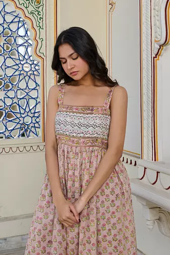 Elegant cotton hand block printed maxi dress with smocked waist & shoulder straps bohemian floral summer dress