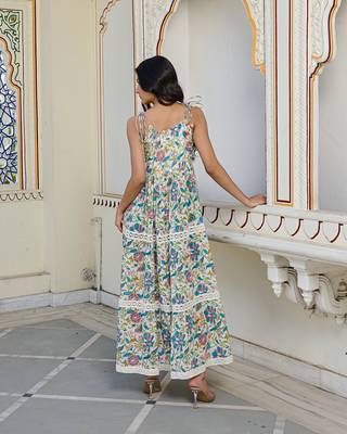 Bohemian cotton maxi dress sleeveless, tiered, tie up shoulder straps 2