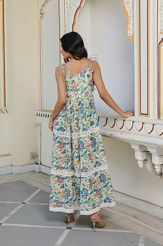 Bohemian cotton maxi dress sleeveless, tiered, tie up shoulder straps