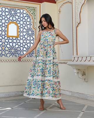Bohemian cotton maxi dress sleeveless, tiered, tie up shoulder straps 3
