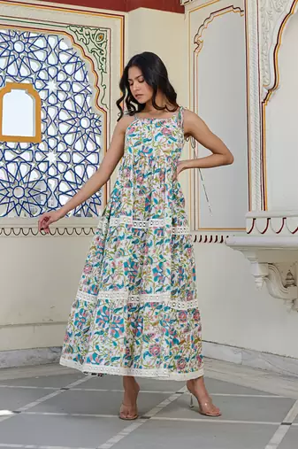 Bohemian cotton maxi dress sleeveless, tiered, tie up shoulder straps