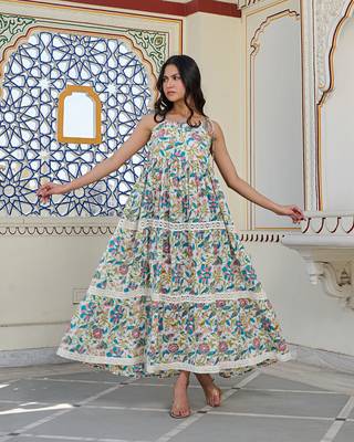 Bohemian cotton maxi dress sleeveless, tiered, tie up shoulder straps 1