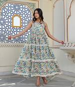 Bohemian cotton maxi dress sleeveless, tiered, tie up shoulder straps