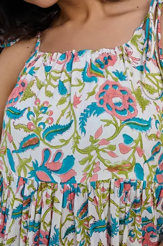 Bohemian cotton maxi dress sleeveless, tiered, tie up shoulder straps