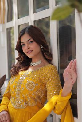 Yellow georgette embroidered flared gown with dupatta 2