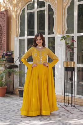 Yellow georgette embroidered flared gown with dupatta 3