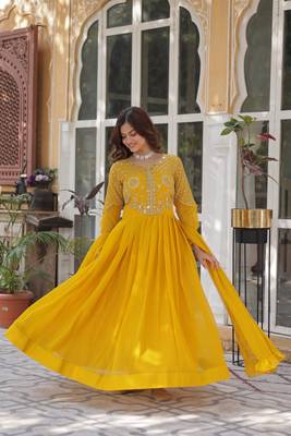 Yellow georgette embroidered flared gown with dupatta 4