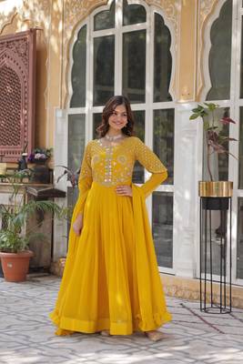 Yellow georgette embroidered flared gown with dupatta 5