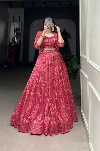 pink Women's Tussar Silk With Floral Printed And Foil Work Cord-Set
