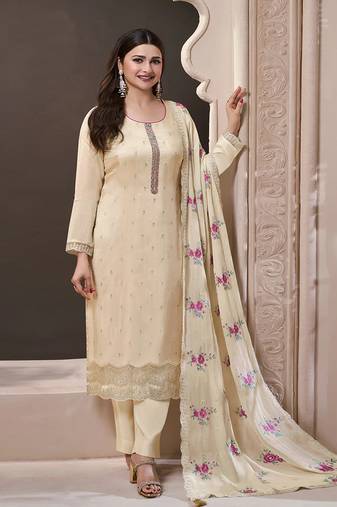 Embroidered silk blend cream pant style suit