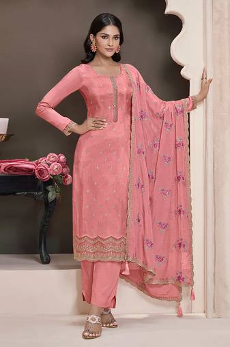 Embroidered silk blend pink pant style suit