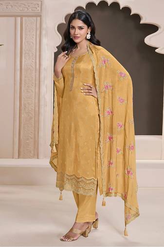 Embroidered silk blend mustard pant style suit