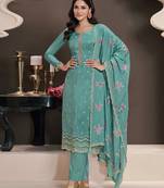 Embroidered silk blend turquoise pant style suit