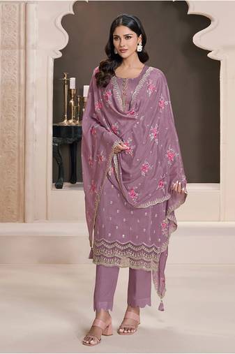 Embroidered silk blend lilac pant style suit