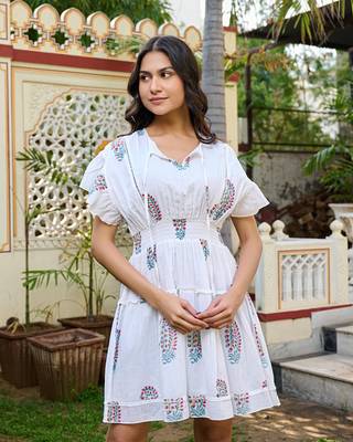 White hand block printed cotton tiered mini dress boho chic 3