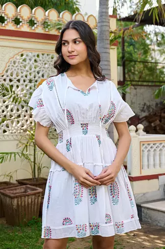 White hand block printed cotton tiered mini dress boho chic