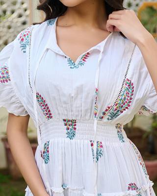 White hand block printed cotton tiered mini dress boho chic 4