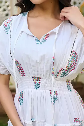 White hand block printed cotton tiered mini dress boho chic